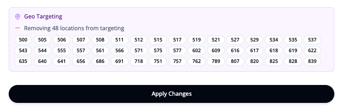 Geo Targeting card showing 48 locations being removed from targeting, above an Apply Changes button