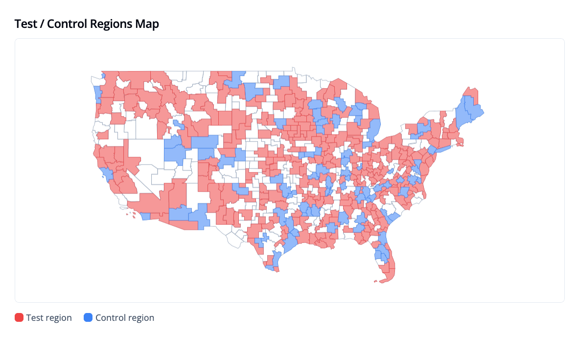 US map of commute zones colored as test regions (red) and control regions (blue)